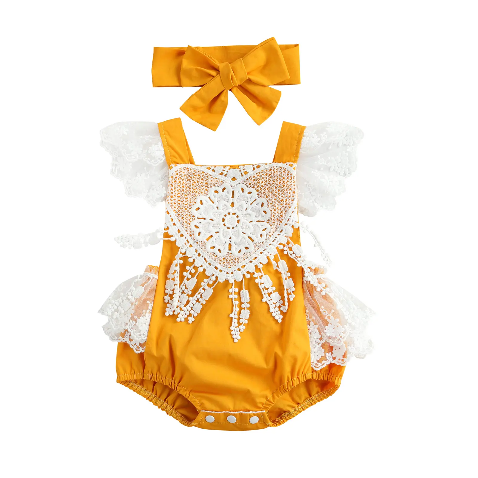 Newborn Infant Baby Girl Lace Flying Sleeve Summer Romper Lace Flower Onesie Bodysuit Summer Clothes