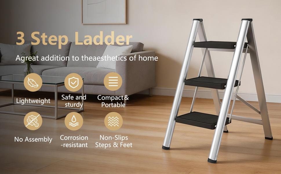 3-Step Ladder, Folding Step Stool for Adults with Wide Anti-Slip Pedals, Portable Step Ladder for Kitchen/Closet/Garage, Steel Multi-use Foldable Stepstool for Home 330 Lbs