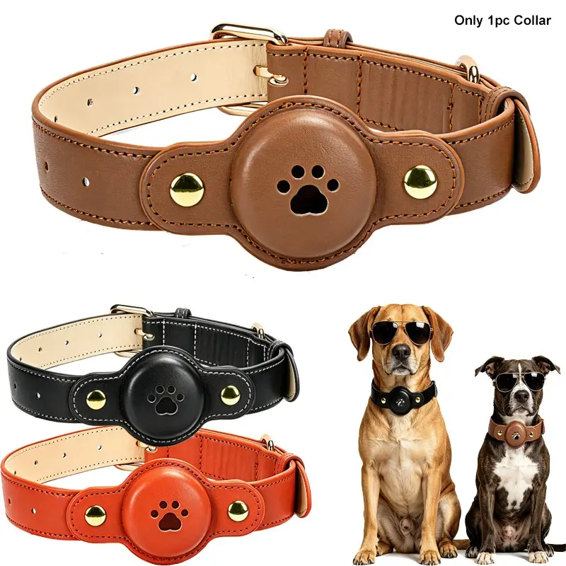 Unique Style Paws Adjustable Dog PU Collar With Airtag Tracker Holder - Durable Dog Accessories for Small Medium Large Dogs(Only Collar)