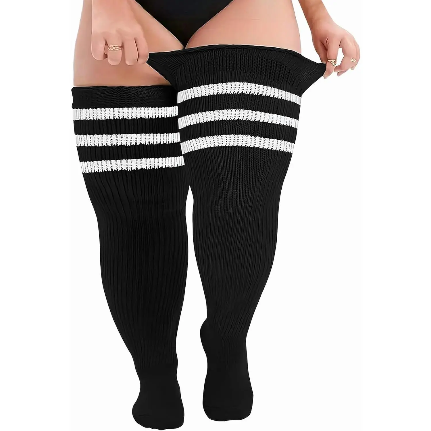 Women's Plus Size Black Striped Cotton Thigh-High Socks - Leg-Flattering Style, Extra Length Over-The-Knee Hosiery, Machine Washable Party Celebration Accessory, Inclusive Bold Look