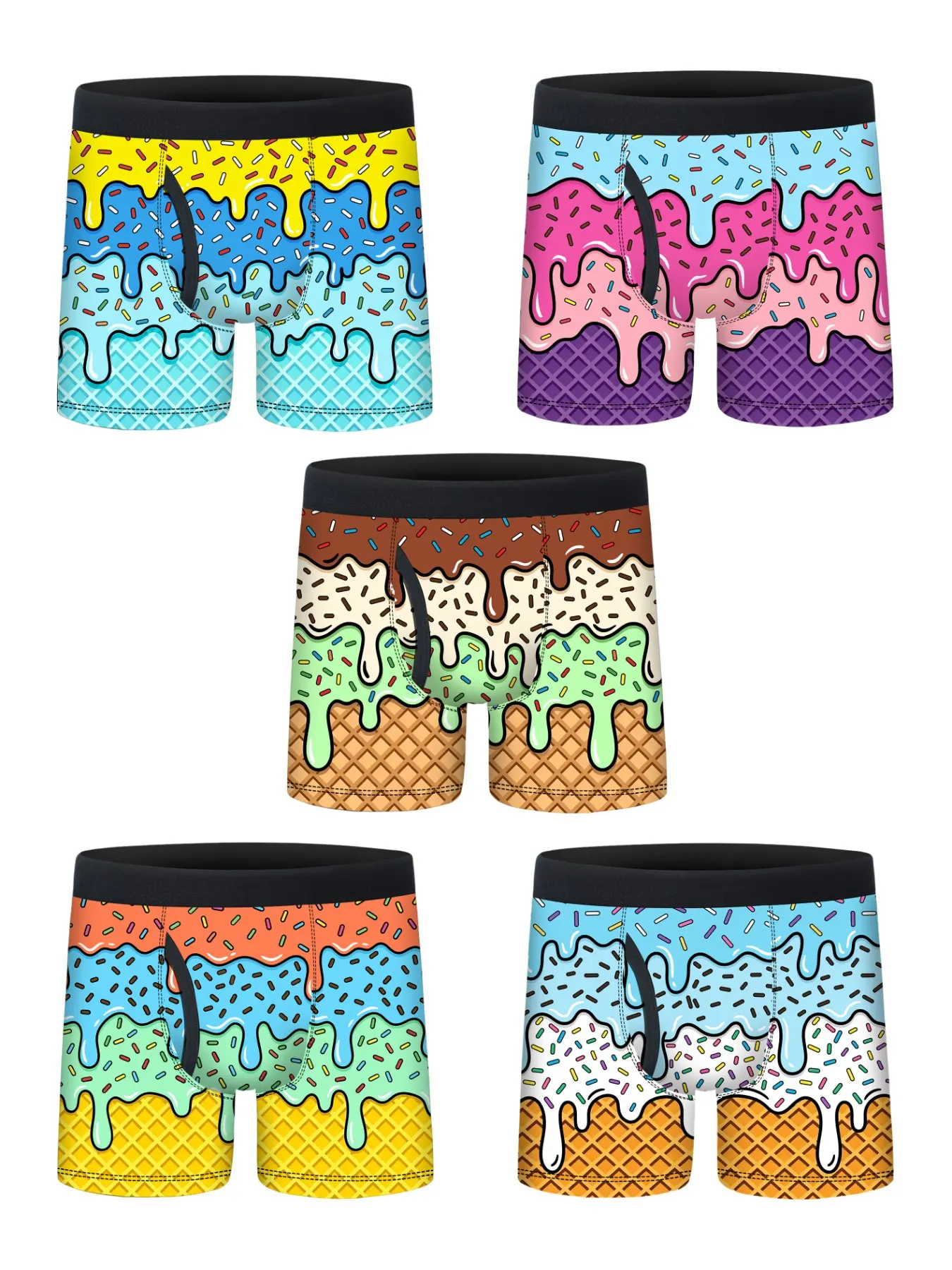 5pcs Boys' Trunk Underwear, Ice Cream Print, Soft Breathable, 95% Polyester 5% Elastane, Fitted, Suitable for Ages 5-15, All Seasons