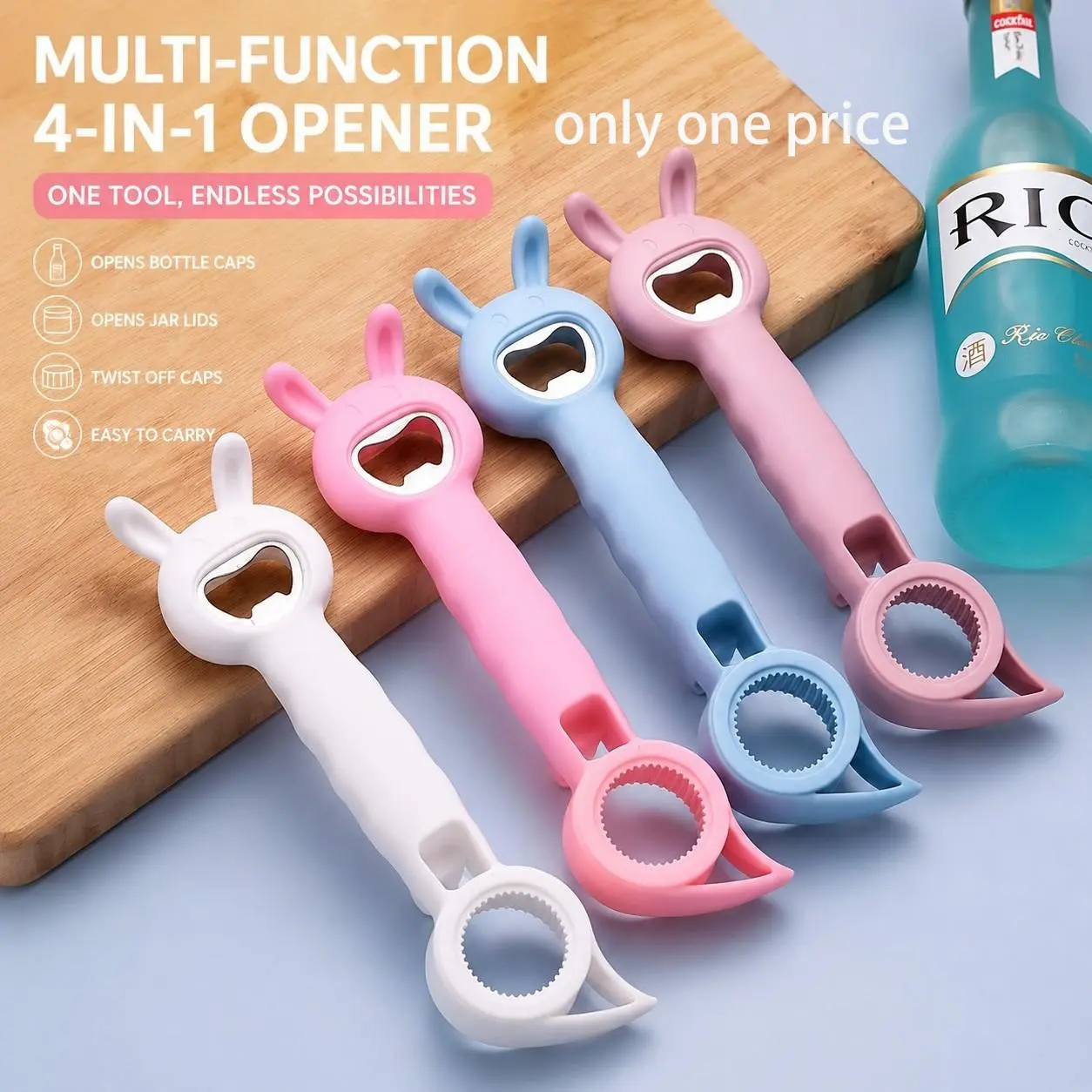 4 Pcs 4-In-1 Cute Rabbit Bottle Opener, Multi-Functional Can Opener, Beer Soda Opener, Non-Slip Kitchen Tool, Portable Household Bar Tool