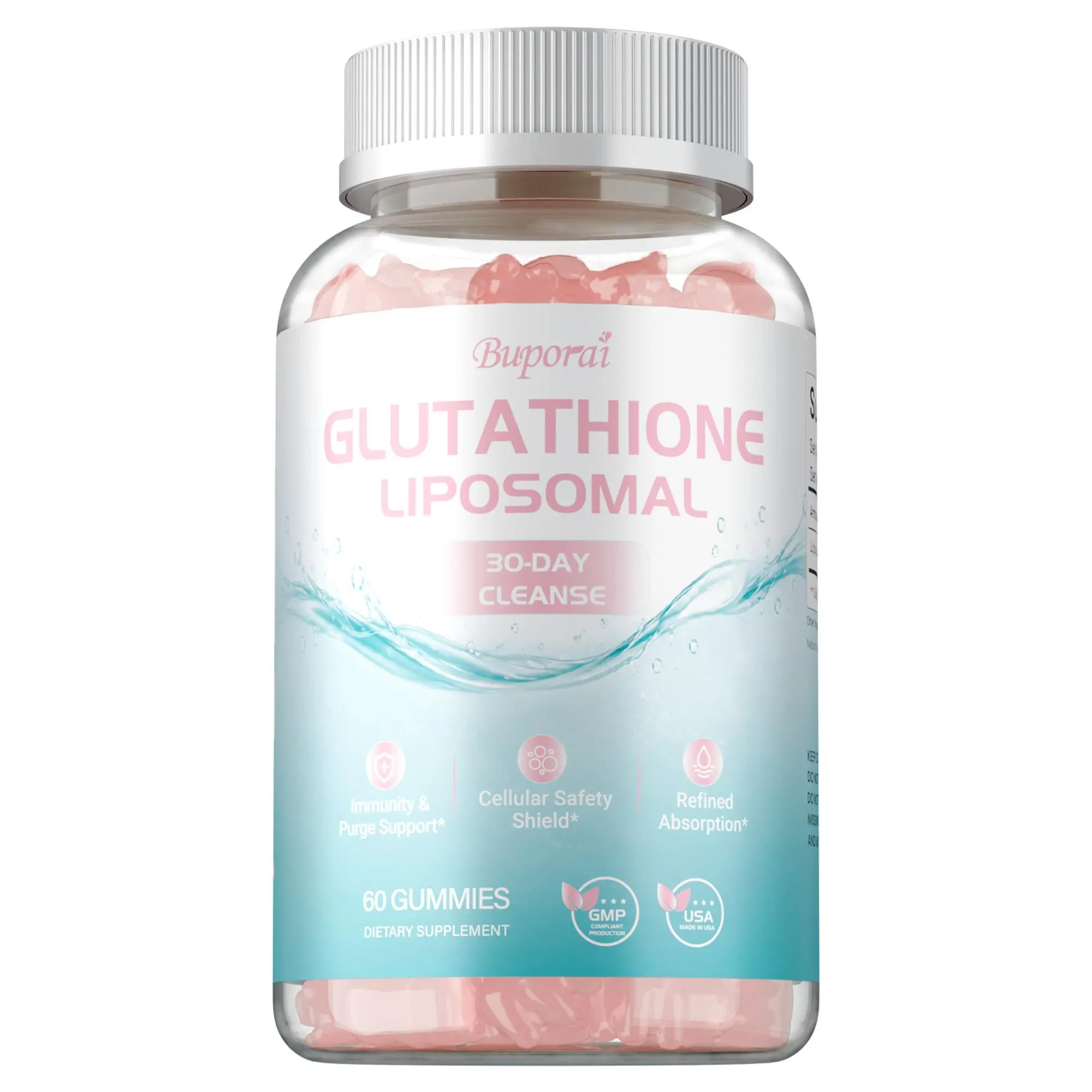 Buporai Dietary Gummies (60 count) are formulated with premium ingredients, including glutathione, for efficient absorption; they support the cellular barrier and immune function.