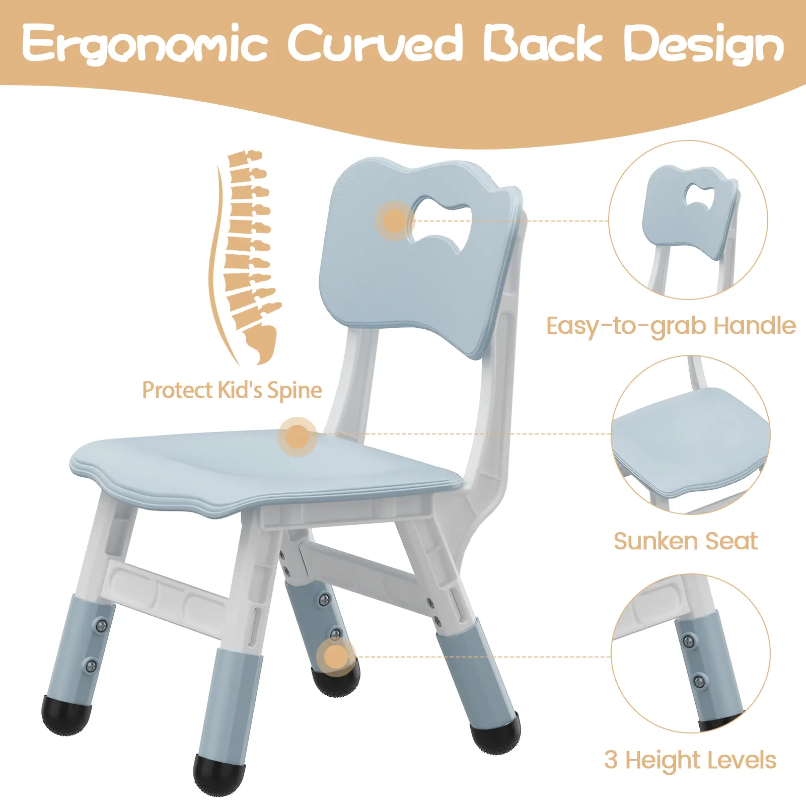 2‑Pack Adjustable Height Kids Plastic Chairs, 3‑Level Height Toddler Seat With Ergonomic Backrest, Stackable Easy‑Clean Toddler Chair Equipped With Non‑Slip Feet, Suitable for Nursery, Daycare, Indoor and Outdoor