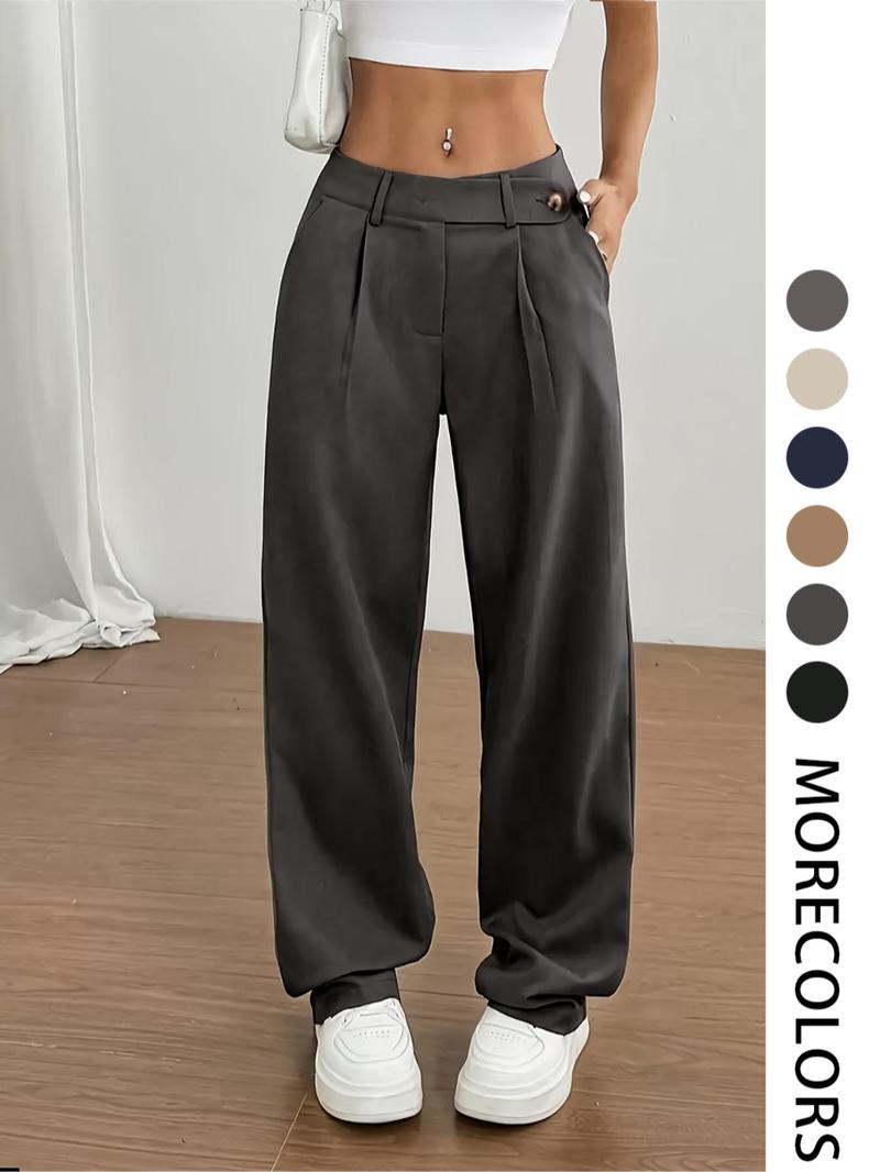 Women's Solid Color Straight Leg Pants, Casual Comfy Pocket Trousers for Daily Wear, Ladies Bottoms for All Seasons, Asymmetrical Waist Design Pants, Casual Chic Trousers