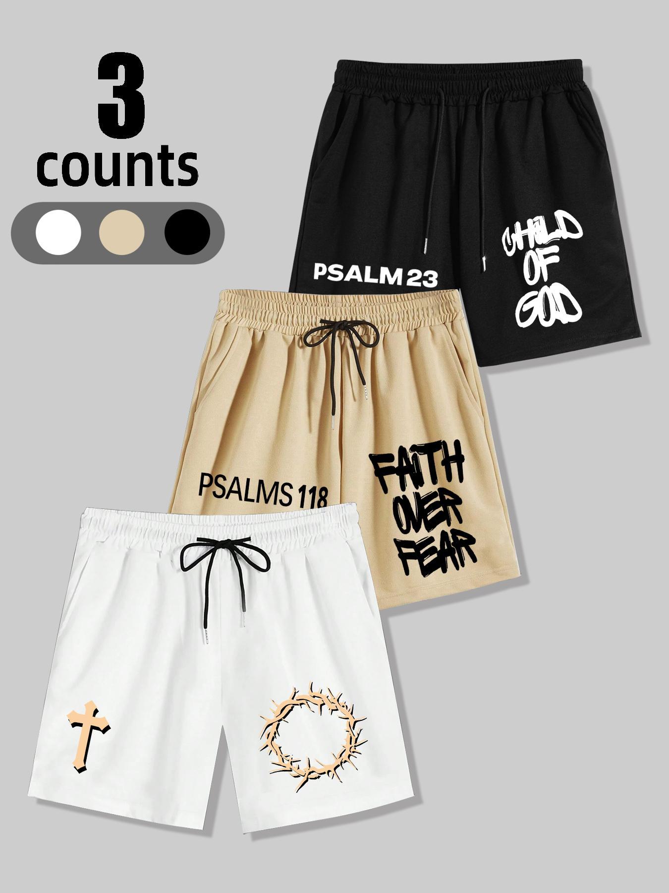 Men's Letter & Cross Print Shorts, Casual Loose Shorts for Summer, Men's Bottoms for Daily Wear, Shorts for Men, Clothing, Graphic Print Shorts
