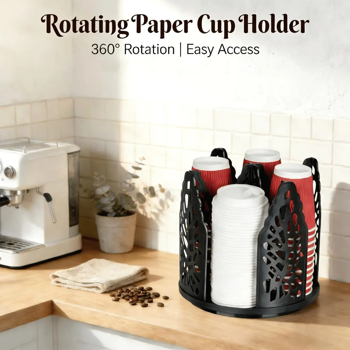 Rotating Paper Cup Holder with 4 Compartments, Disposable Coffee Cup Dispenser, Storage Box, Detachable Plastic Cup And Lid Organizer, Suitable for Countertops, Kitchens, Coffee Stations, And Bathrooms