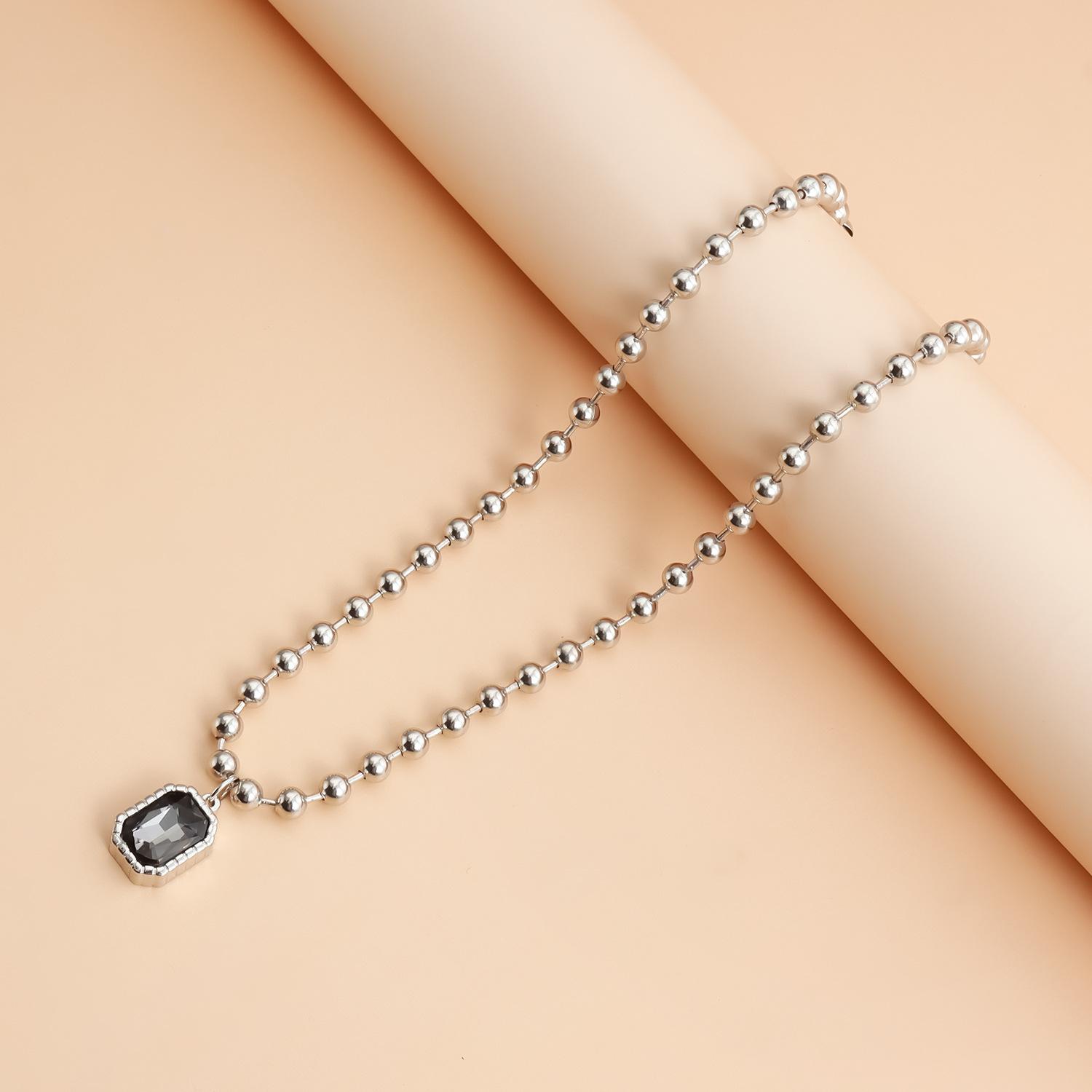 Black Crystal Pendant Necklaces for Women Silver Beaded Ball Chain Geometric Rectangle Choker Collarbone Necklace Daily Party Work Wear Jewelry Gifts