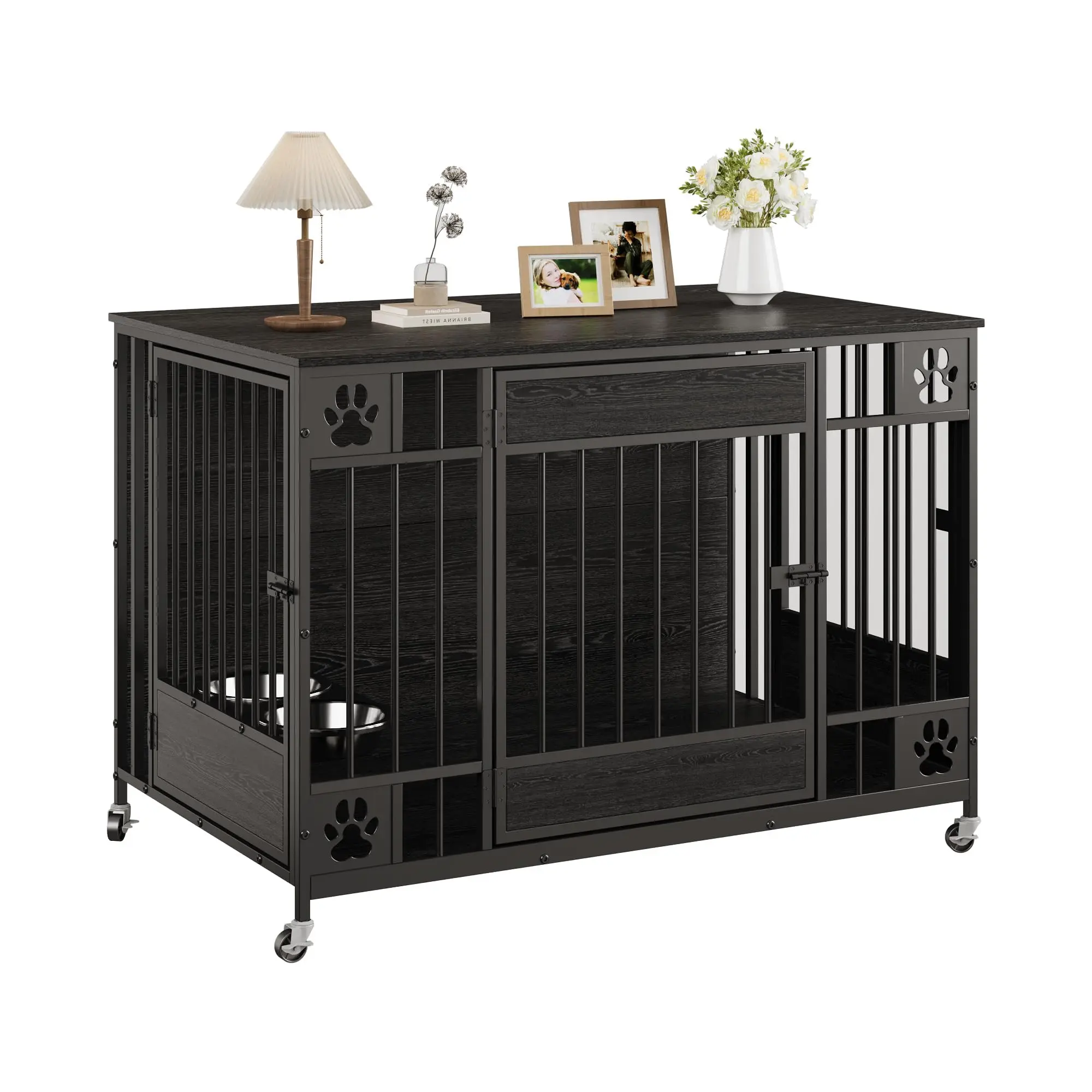 41" Indoor Furniture Style Wooden Dog Crate with Triple Doors – Stylish & Functional Pet Kennel, End Table Cage for Medium/Small Dogs – Black Relief