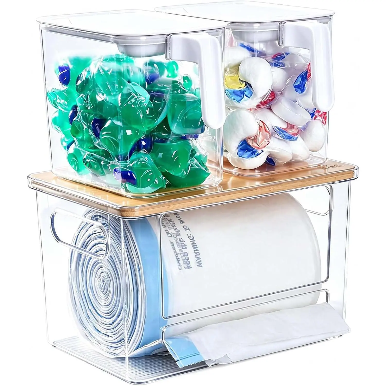 3 in 1 Trash Bag and Dishwasher Pod Organizer Garbage Bags Dispenser | Large  Trash Bag Holder with  Lid, with 2 Pack Laundry Detergent Pods Container, Under Kitchen Sink Organizer