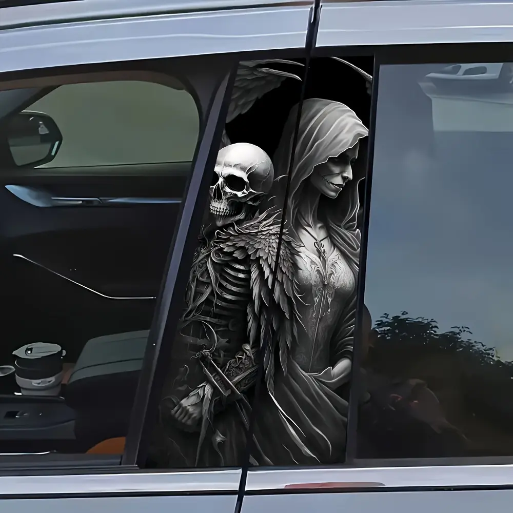 2pcs-Grim-Reaper-Skeleton--Deca. -Skull-King--Lover-Vinyl-Decals---Halloween--Decal. -Self-Adhesive-For-B-Pillars--Doors. -Scratch-. -Perfect-For-Surfaces. -Plastic. -Gothic-Featuring-A-Skull-And-Queen-Design-Applied-To-A-B-Pillars. -Vehicle-. -Car