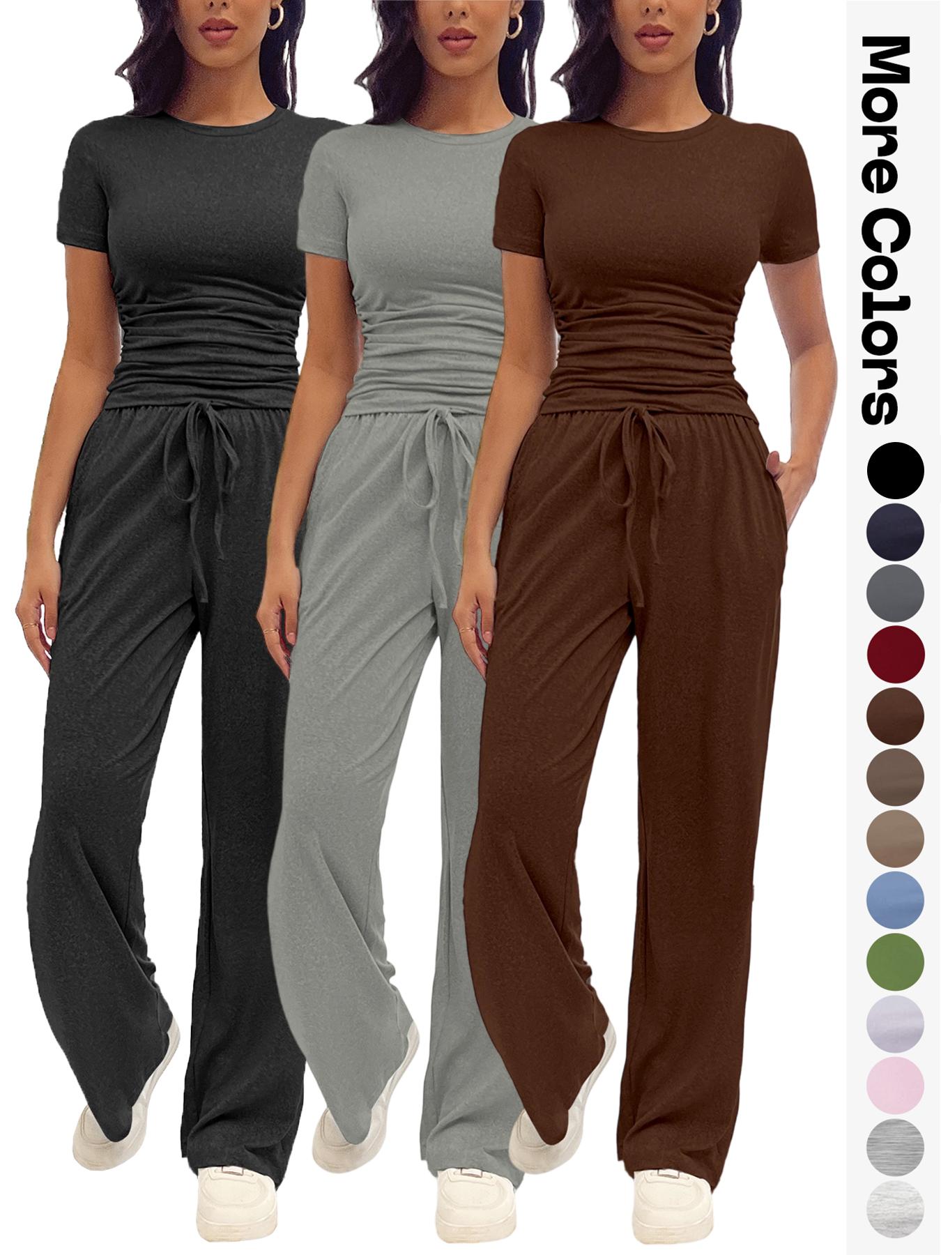 Women's Solid Round Neck Tee & Pants Loungewear Two/Six-Piece Set, Casual Pyjama Set for Women, Comfy Loungewear Set for Daily Home Wear