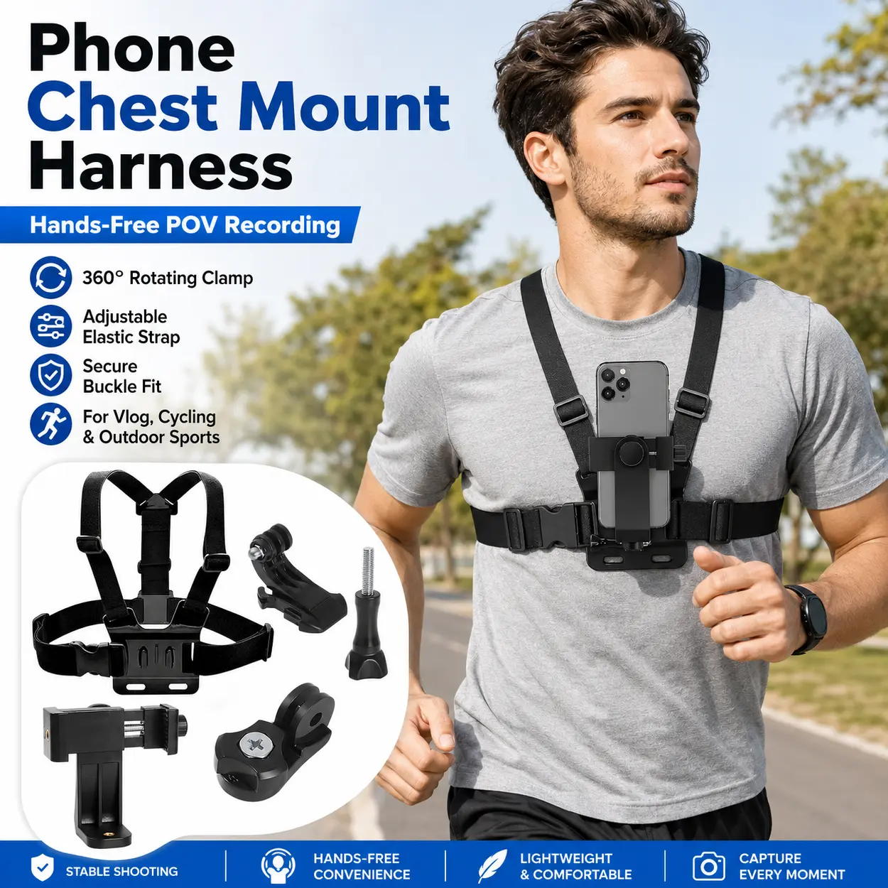 Phone Chest Mount Harness for Action Camera, Adjustable Wearable Chest Strap with Universal Holder, 360 Degree Rotating Clamp, Secure Buckle and Hands-Free POV Recording for Live Streaming, Vlog, Bike Ride, Fishing, Travel and Outdoor Sports