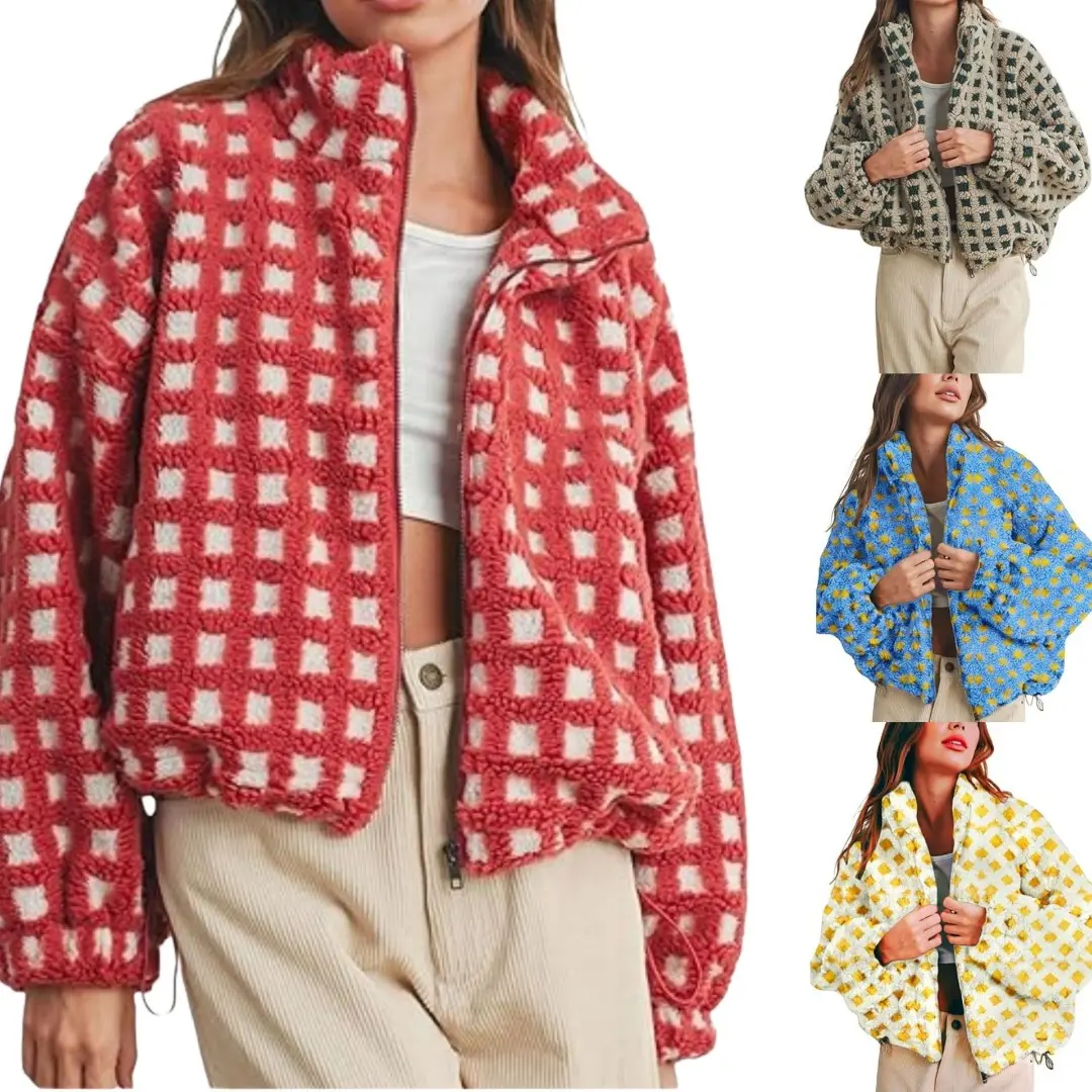 Women's Plaid Coat Jacket, Casual Loose-Fit Button Down Outerwear in Warm Lamb Wool with a Collared Neck, Casual Wear, Medium Length