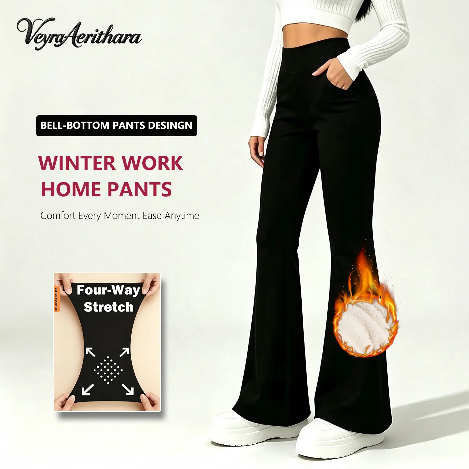 Women's High Waist Fleece-Lined Bootcut Pants - Slim Fit, Tummy Control, Polyester Blend, Machine Wash Casual Winter Bottoms with Pockets, Soft Comfy Sports Bottoms