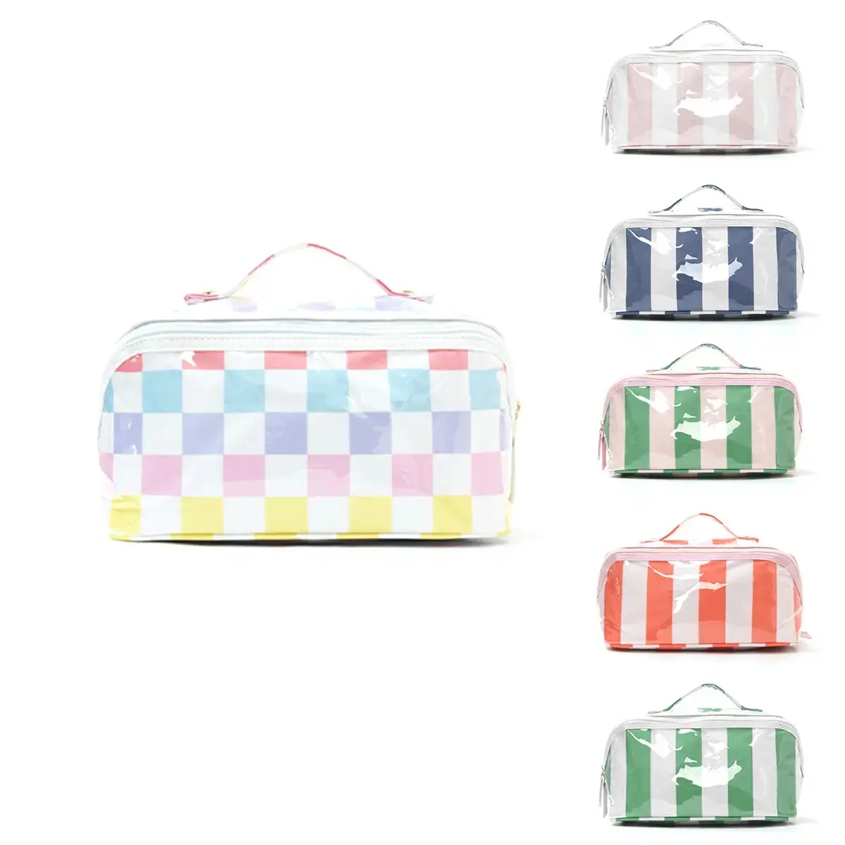 Female PVC Striped Makeup Bag - Transparent, Waterproof, Large-Capacity Travel Toiletry Pouch with Zip Top, Portable Storage for Skincare, Beach & Everyday Essentials (Sports & Outdoor Use)