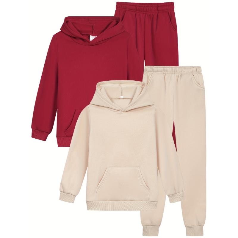 Casual Hooded Sweatsuit Set - 2 Pack Polyester Solid Color Sportswear with Pockets, Slight Stretch, Regular Fit Fall/Winter Apparel Over 3 Years Old - Comfortable Knit Jogger and Sweatshirt Combo, Outdoor