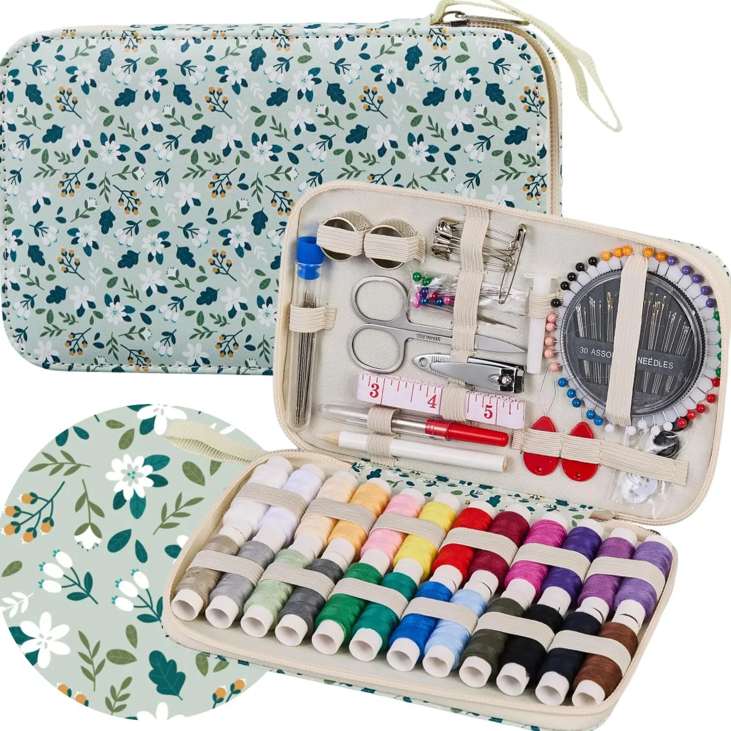Travel Sewing Kit with 24 Sewing Thread & Heavy Duty Sewing  | Printing Floral Refreshing Cute Sewing Kit for Adults Beginners, Professional Sewing Supplies with 130 count Accessories