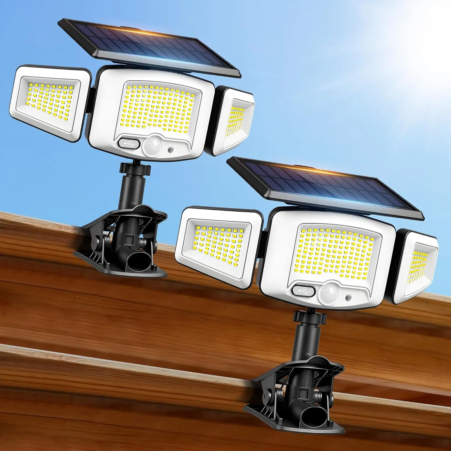 Clip on Solar Lights Outdoor, 231 LED Motion Sensor Flood Lights with Remote, 1500LM 3 Heads Wide Angle Solar Lights, IP65 Waterproof Security Lights for Fence Gutter Yard,2 Pack