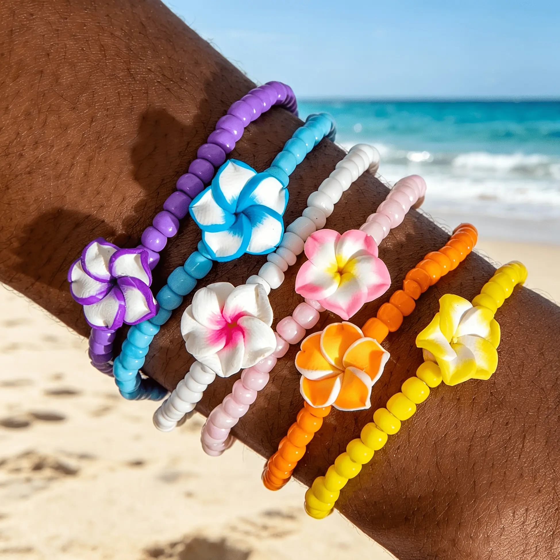 6pcs Bohemian Vacation Style Colorful Flower Pendant Bracelet Set, Multi-layer Stackable Elastic Rope, Rice Bead Bracelet Suitable for Women's Parties, Daily Matching, Perfect Gift for Friends
