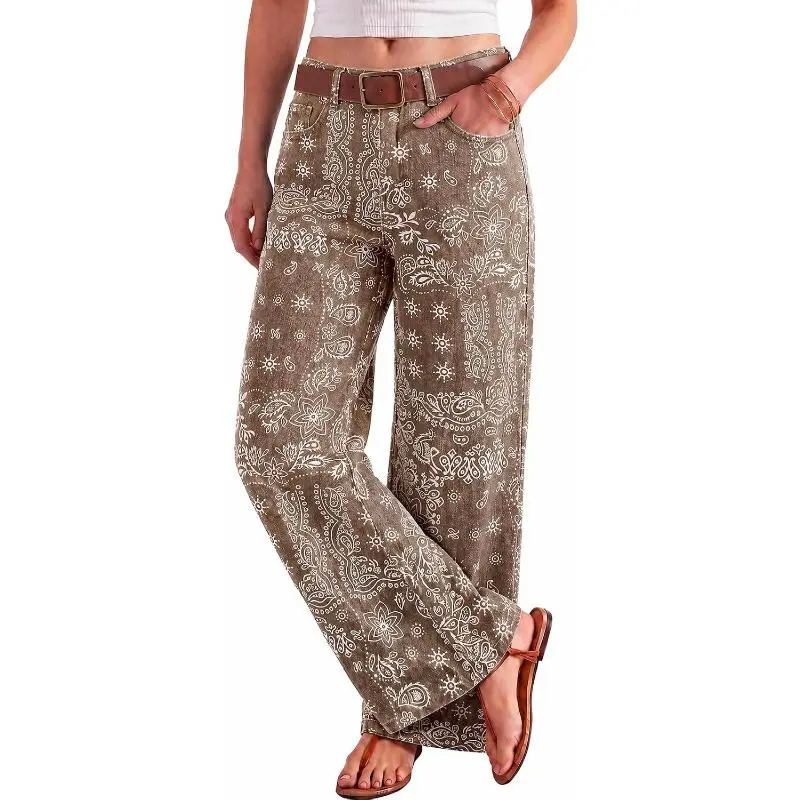 Tankaneo Lady's High Waist Boyfriend Baggy Jeans - Boho Cotton Denim Fabric Pants with Bandana Print, Floral Print, Patchwork, Pockets, Trending Coffee Beach Fall Clothes, Vintage 2000s Casual Streetwear