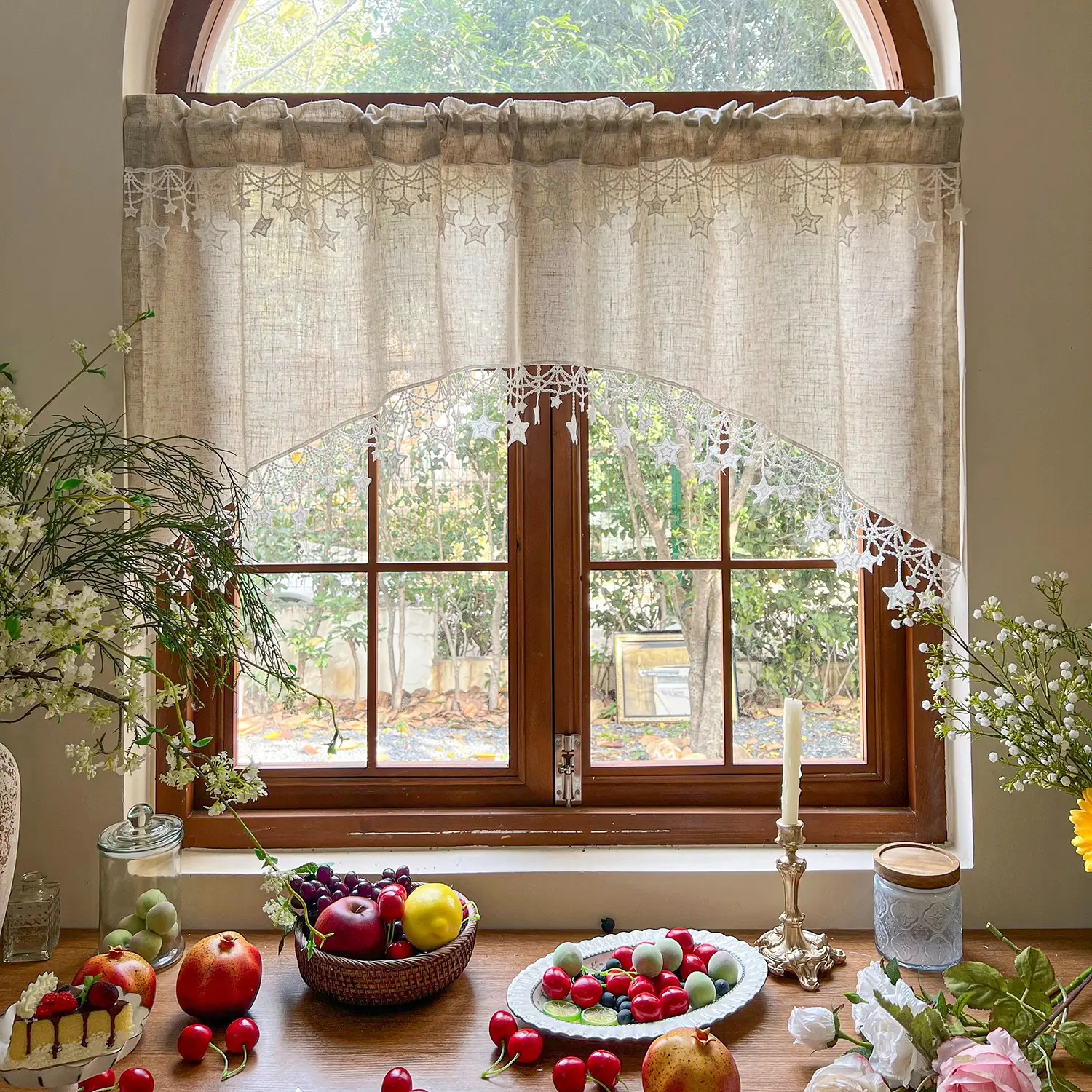 1 Panel Vintage Country Style Linen Kitchen Curtain, Star Decor Half Curtain Swag , Semi-Transparent Arc Multi-Layer Design, Rod Pocket Installation, Star Window Curtain, Window Drapes