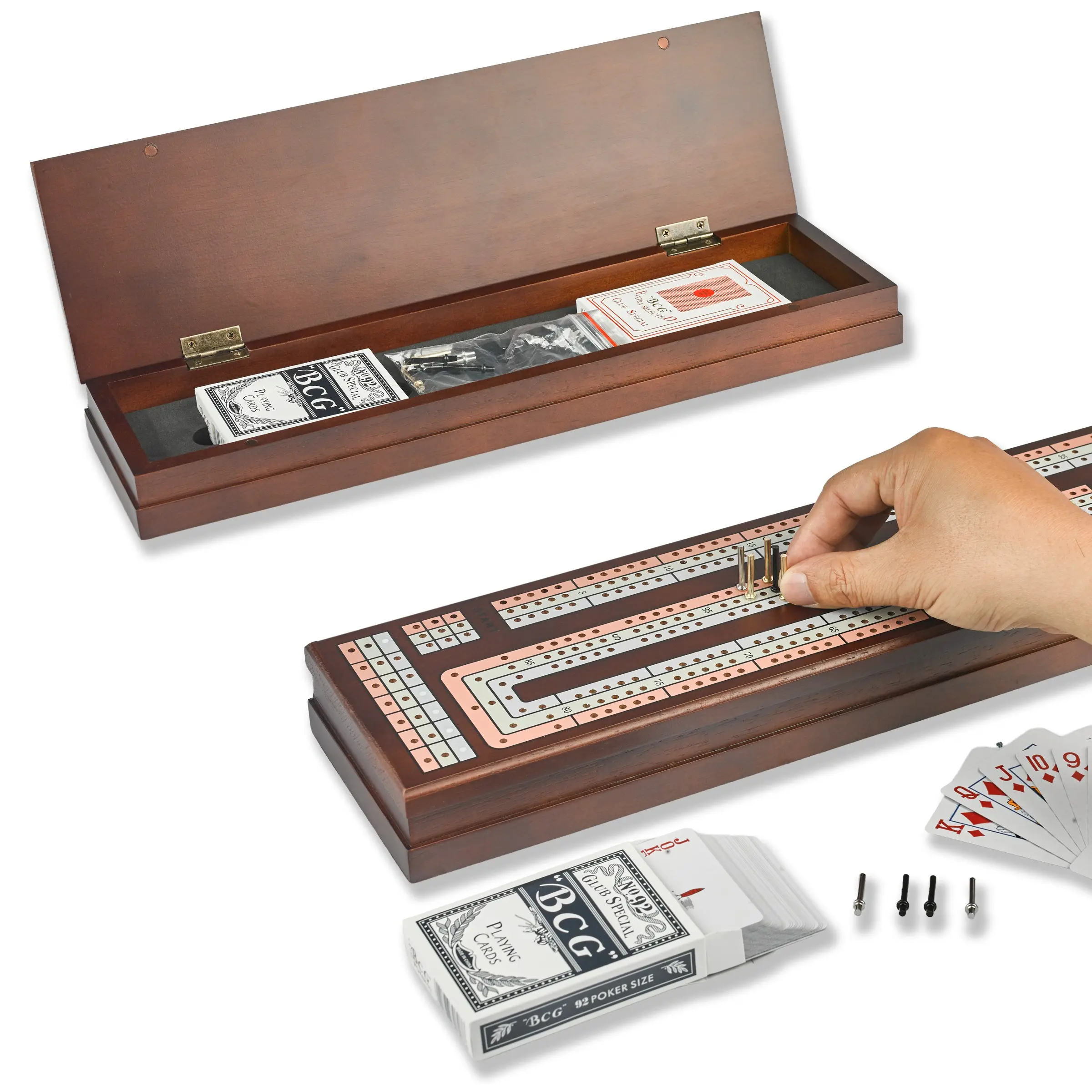 15-Inch Cribbage Scoring Board Game Set, Solid Wood Three-Track Continuous Cribbage Scoring Board, Tabletop Gaming Kit