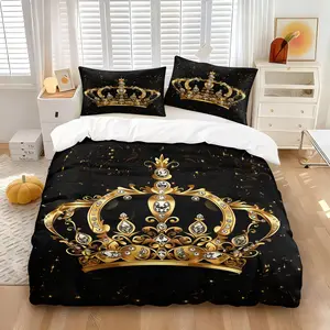 Luxury Rhinestone Golden Crown Black Background Duvet Set, Royal Gold King Crown Scroll Floral Bedding, 1/2 Pillowcases No Inserts, Soft Skin-Friendly, For Couple Master & Single Light Luxury Bedrooms