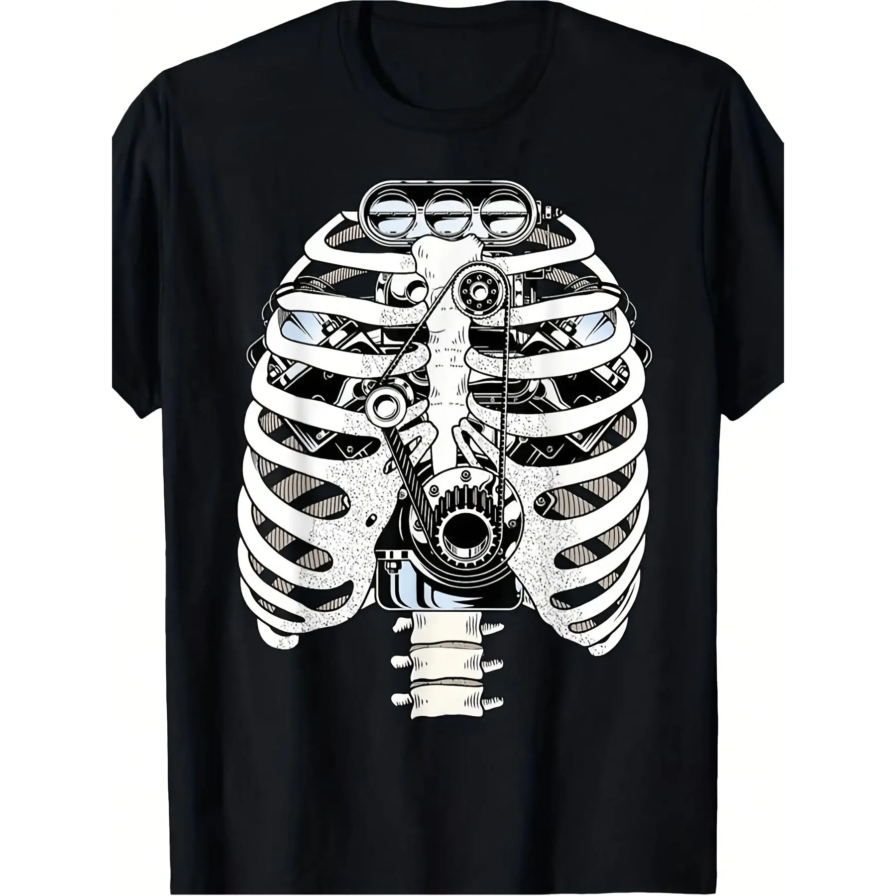 Men's Mechanic Graphic T-Shirt with Car Torso & Engine Diagram Print, Casual 100% Cotton Short Sleeve Crew Neck Top