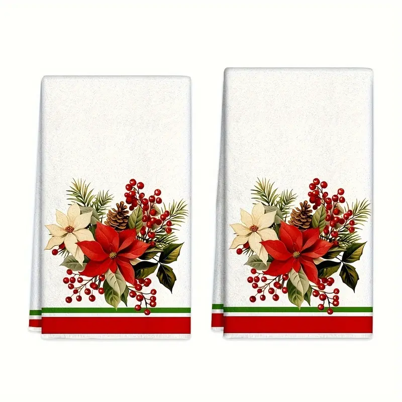 2-pack of Christmas poinsettia floral print kitchen towels, 16 x 24 inches, absorbent and easy to clean. Ideal for Christmas home decor and holiday gifts.