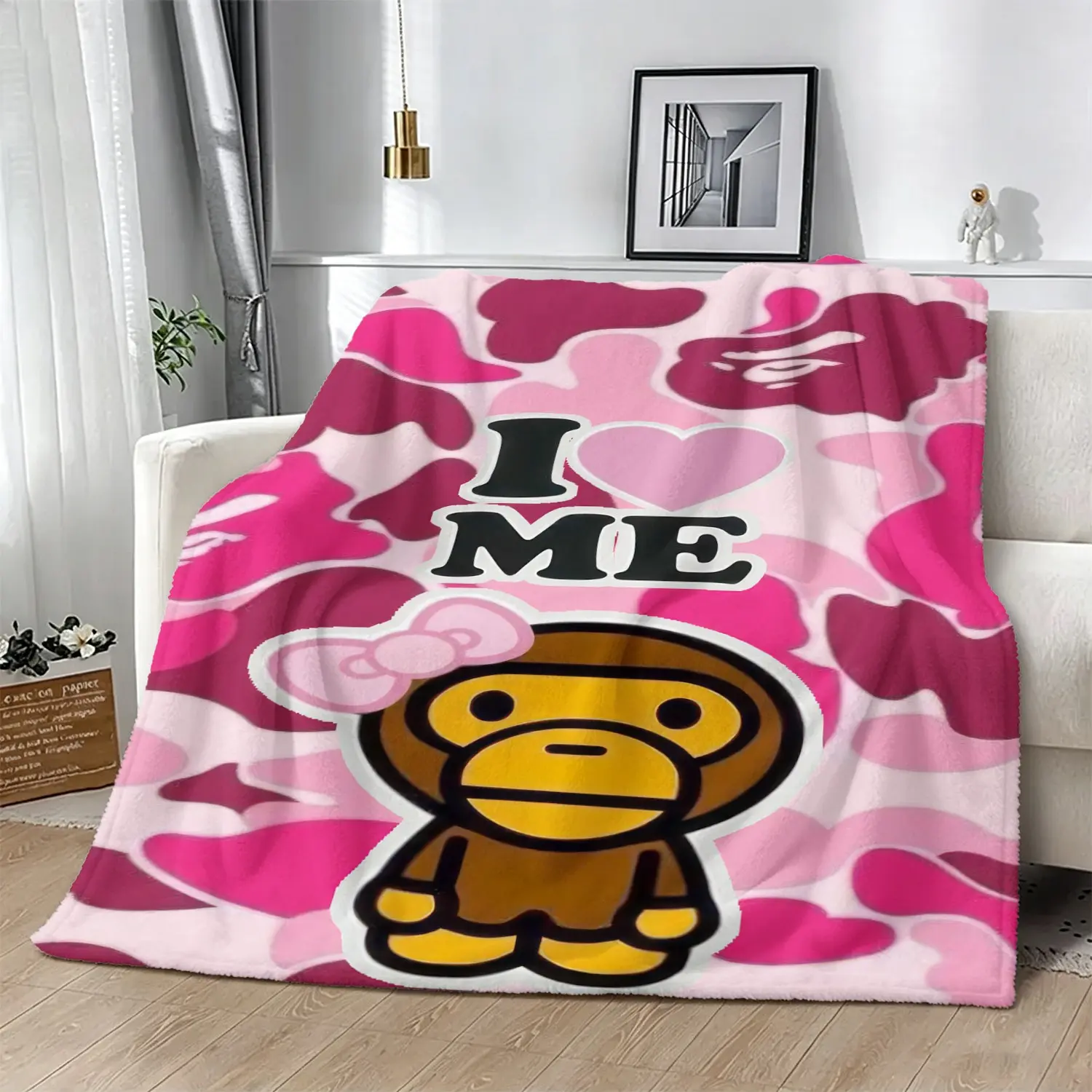 Camo Monkey Pattern Throw Blanket, Hip Hop Style Flannel Blanket, Breathable for Summer Air-Conditioned Nap and Warm for Cool Evenings, Portable Foldable for Sofa, Bedroom, Office, Camping and Travel Use