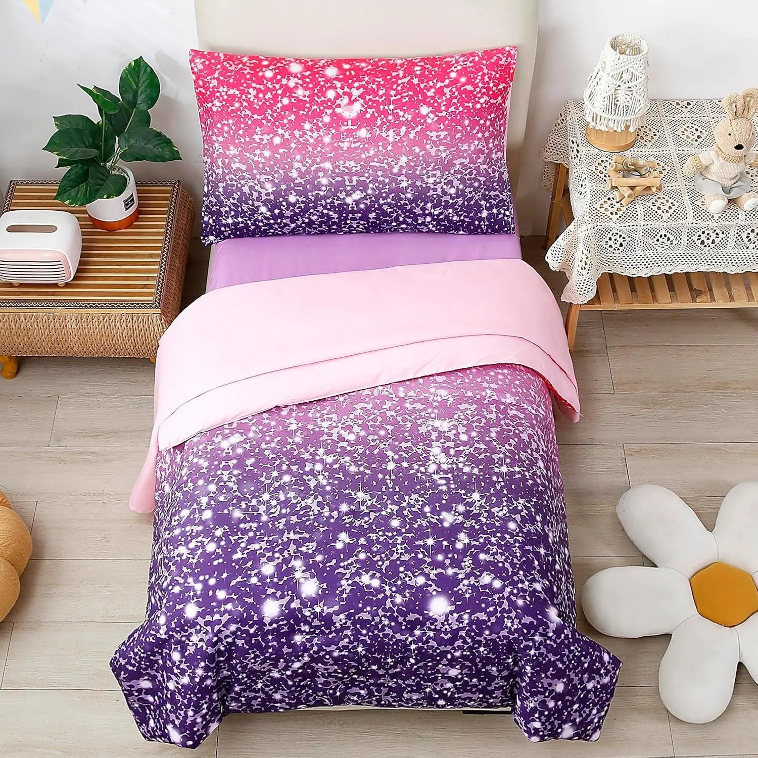 4-Piece Toddler Bedding Set for Girls Pink Purple Princess Toddler Bed in a Bag for 2-6 Year Old - Includes Comforter, Flat Sheet, Fitted Sheet & Pillowcase