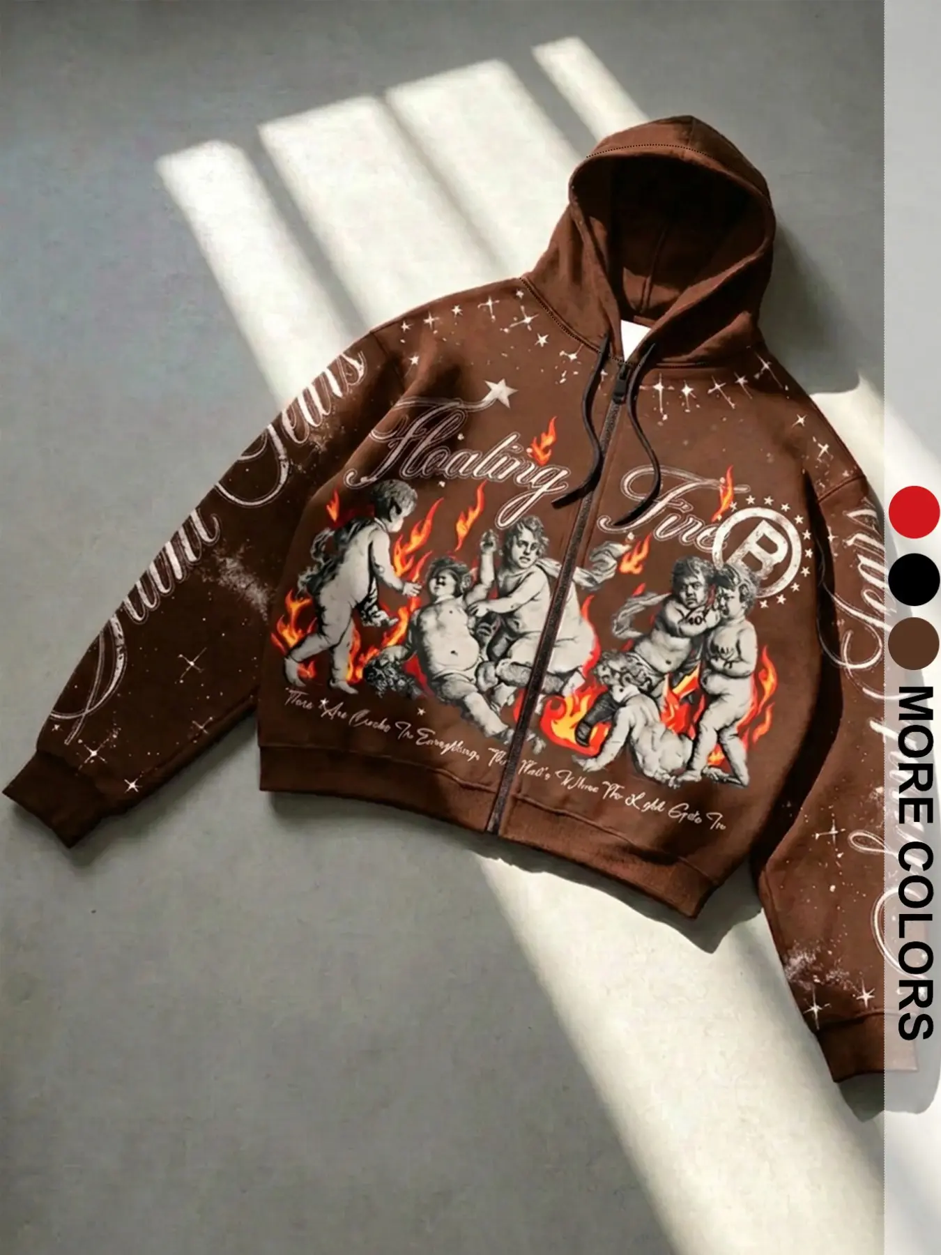 Men's American Style Angel Flame Star Print Short Zipper Hoodie, Streetwear Casual Loose-Fit Jumper, All Seasons Fashion Top