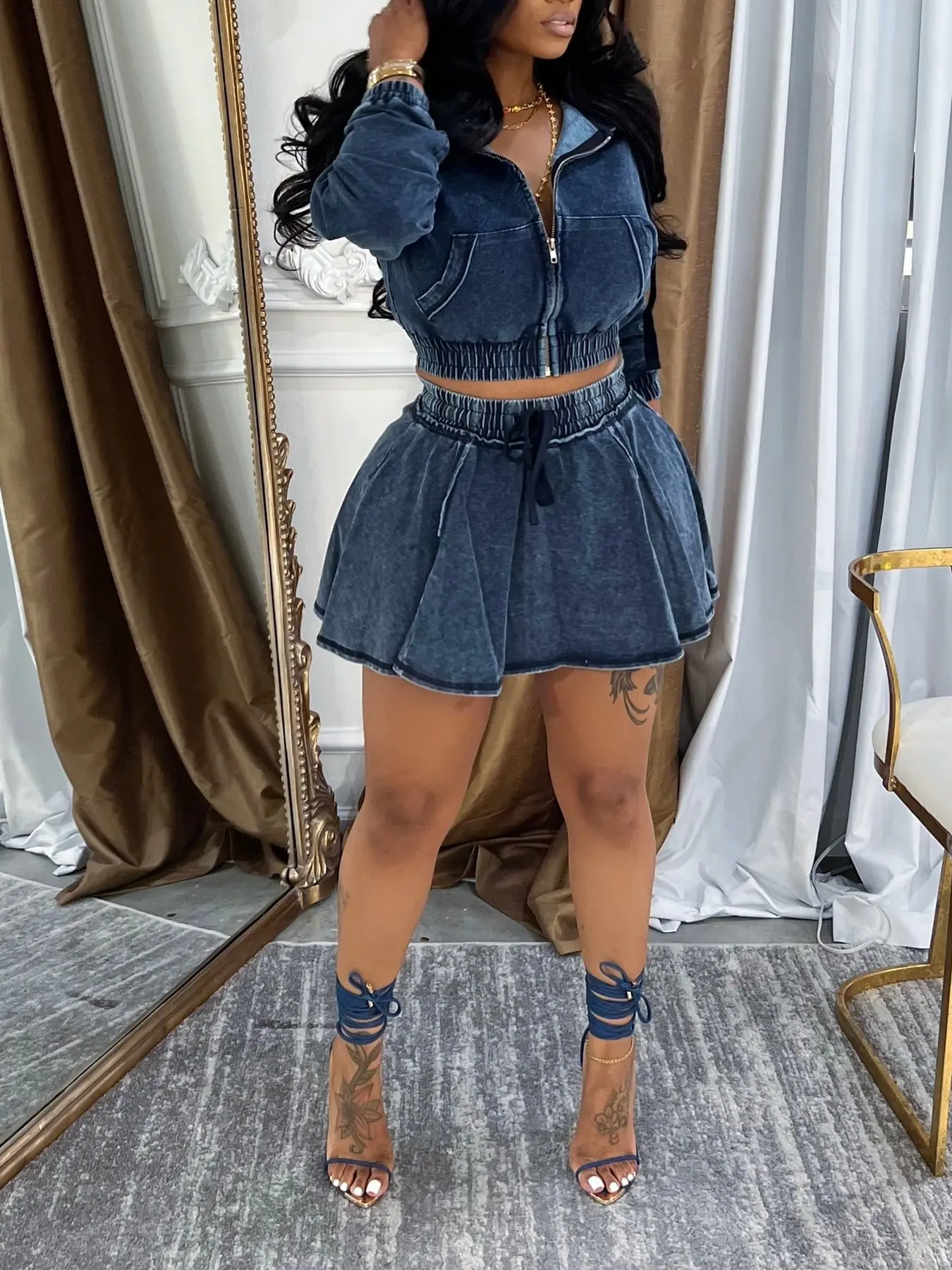 Women's Two-Piece Denim Skirt Set, Long Sleeve Hooded Top and Short Skirt, Casual Fall, Comfortable and Stylish