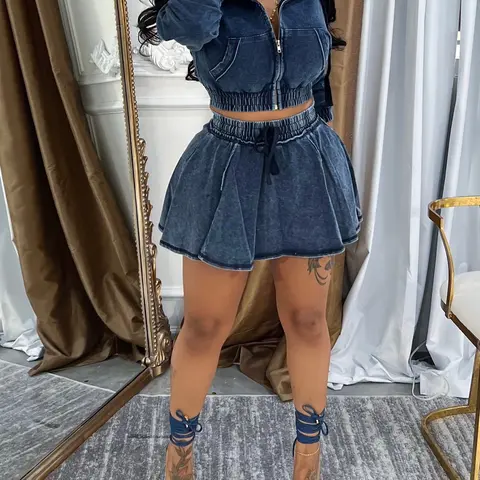 Women's Two-Piece Denim Patchwork Skirt Set, Long Sleeve Hooded Top and Short Skirt, Casual Fall, Comfortable and Stylish