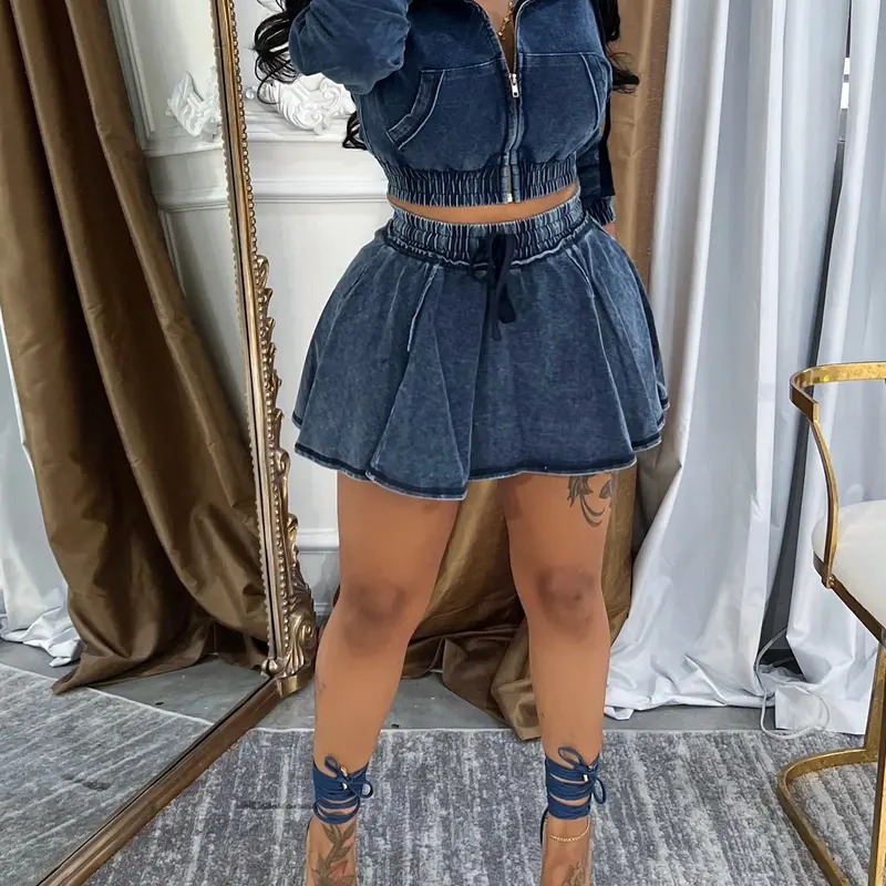 Women's Two-Piece Denim Patchwork Skirt Set, Long Sleeve Hooded Top and Short Skirt, Casual Fall, Comfortable and Stylish