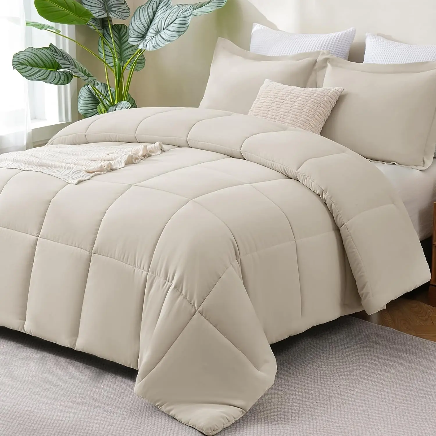 Queen Comforter Set - 270GSM Beige Bedding Sets for All, 3 Pieces Box Stitched Bed Set with 1 Down Alternative Comforter and 2 Pillow Shams, Soft, Lightweight, Breathable