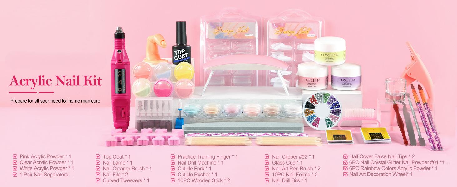 Acrylic Nail Kit for Beginners with Everything Professional Nails Kit Acrylic Set with Drill and U V Light Glitter Powder Decorations Rhinstones DIY Gifts for Women