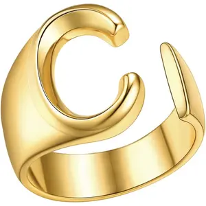 FindChic Customizable Initial Ring Statement 18K Gold Plated Fashion Cuff Rings for Women Alphabet Letter A to Z Resizable Knuckle Ring (with Gift Box)