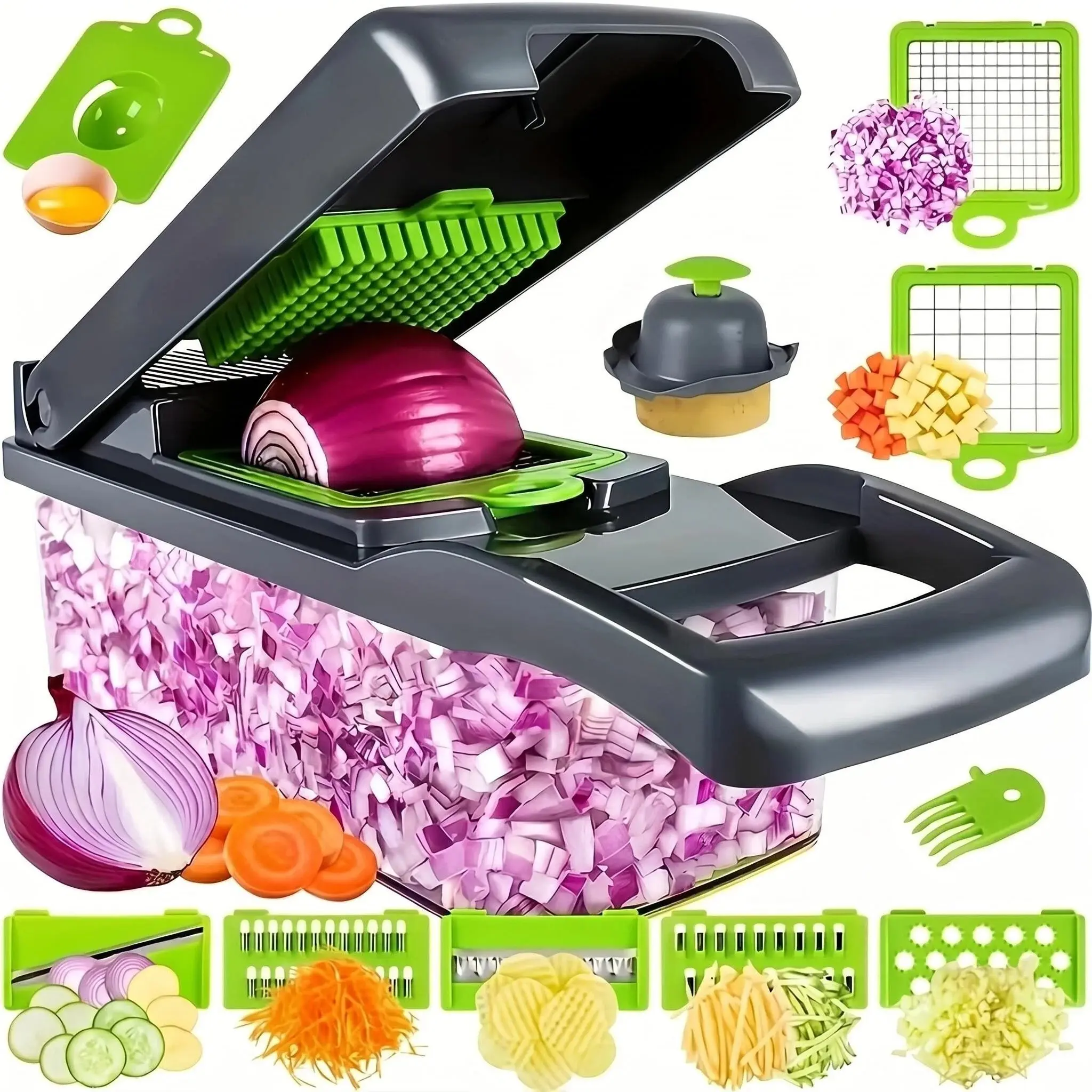 Multi-Functional Vegetable Chopper, Fruit Slicer, Onion Dicer with Replaceable Blades, Kitchen Tool with Container, Home Use Potato Slicer