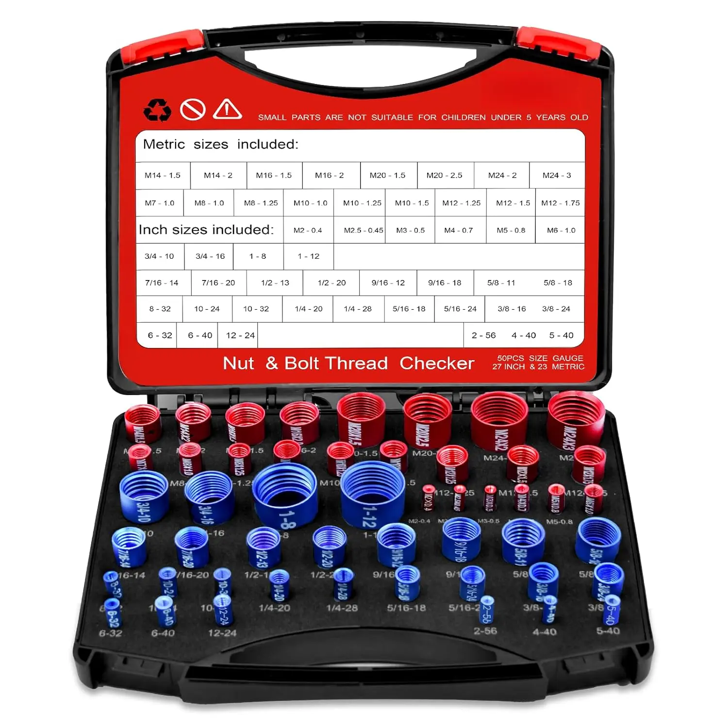 50PCS Thread Checker Kit – & Metric Bolt Thread Checker, Nut & Bolt Size Finder Tool (27 SAE + 23 Metric) – Thread Gauge for Quickly Identifying Screw, Nut, and Bolt Sizes