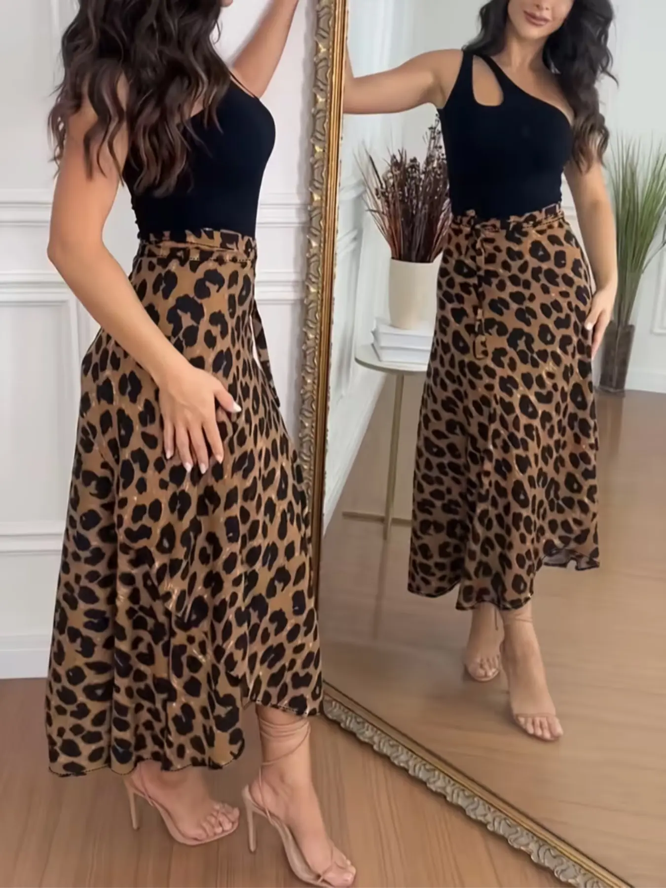 Women's Casual Leopard-Print Wrap Dress, Cross-Band Design, Stylish Clothing for Vacation and Daily Wear, Womenswear for Everyday Wear, Belted Wrap Style