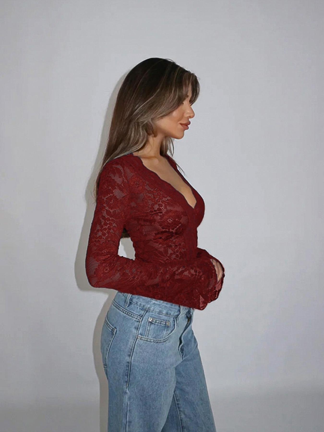 Women's Plain Scallop Trim Button Front Flounce Sleeve Lace Top, Casual V Neck Long Sleeve Top for Fall & Winter, Women's Clothing for Daily Wear Valentine's Day, Gift,  Going Out Tops