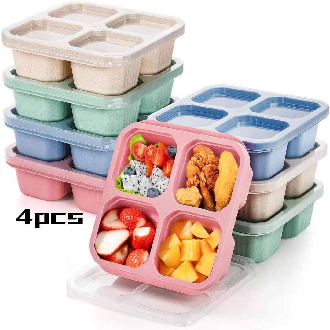 4 Piece Bento Snack Box Set, Lunch Boxes, Reusable Food Storage Containers for Kids and Adults, Wheat Straw Material, 4 Compartments for Snacks and Meals