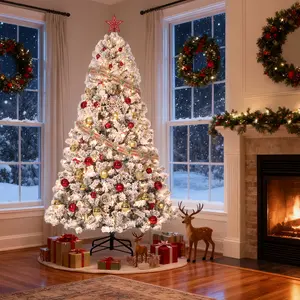 7.5Ft Christmas Tree with 500 Warm White Lights, Snow Flocked PVC Xmas Tree with Foldable Metal Stand & Pine Cones, 1268 Branch Tips for Home Apartment Holiday Decor, Green & White