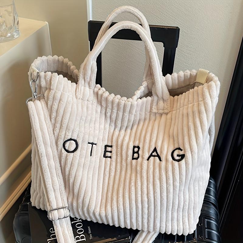 New Corduroy Women's Fashion Solid Color Soft Large Capacity Shoulder Bag with Letter Pattern Contrast Design Adjustable Strap Tote Bag Classic Square Work Bag for Work Shopping Dining as Gift