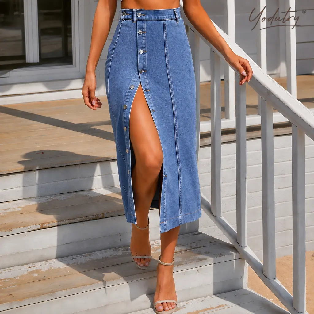 Yodutry Casual High-Rise Button-Up Long Skirt for Women, Slim Fit Adjustable Split Midi Skirt, Versatile Urban Style Bottoms Everyday Wear