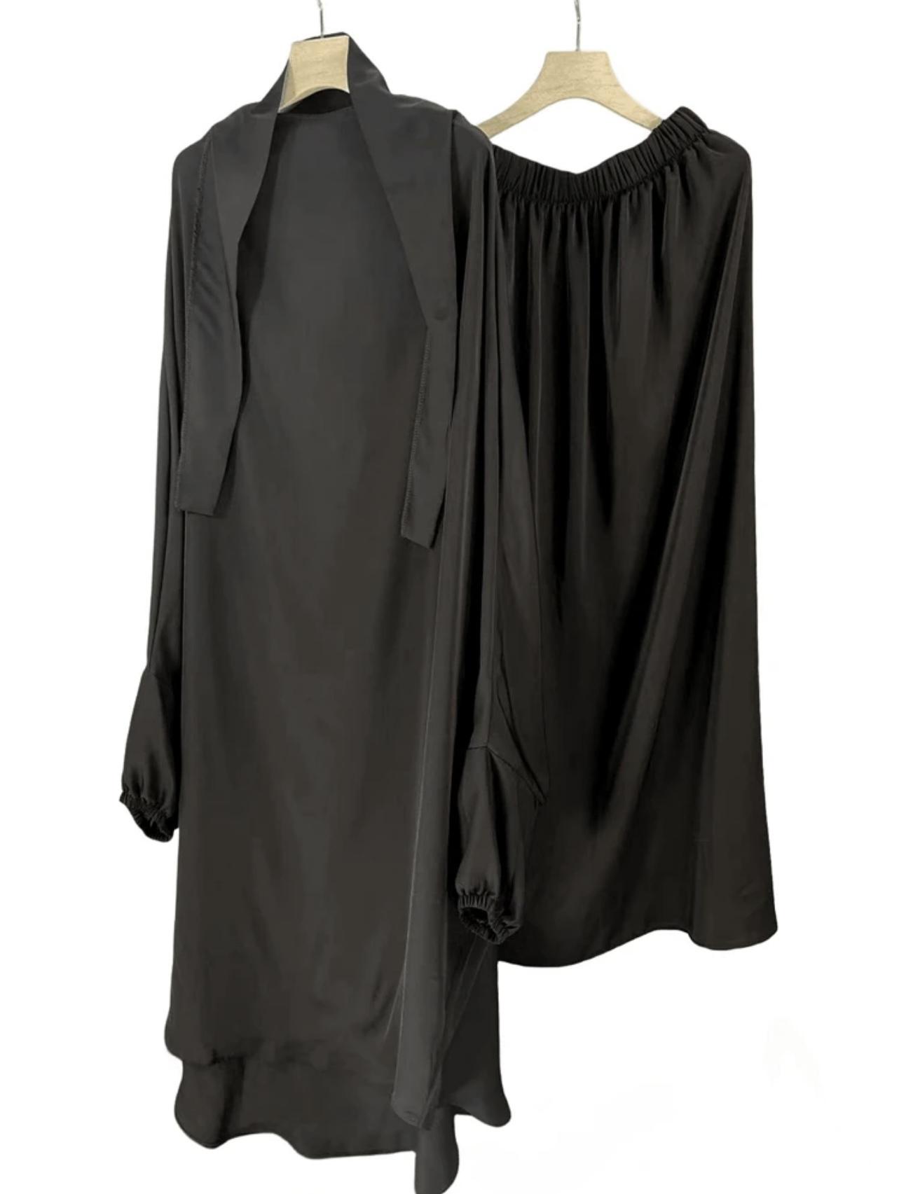 Elegant 2pcs Muslim women’s jilbab Abaya set soft, Breathable polyester, solid color long sleeve perfect for outings comfortable loose fit for all body type