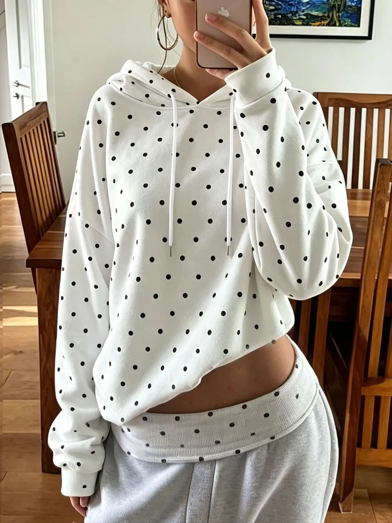 Women's Loose Classic All-Over Polka Dot Print Hoodie, Minimalist Preppy Style, Suitable for Weekend Shopping, Lazy Loungewear and Daily Casual Wear