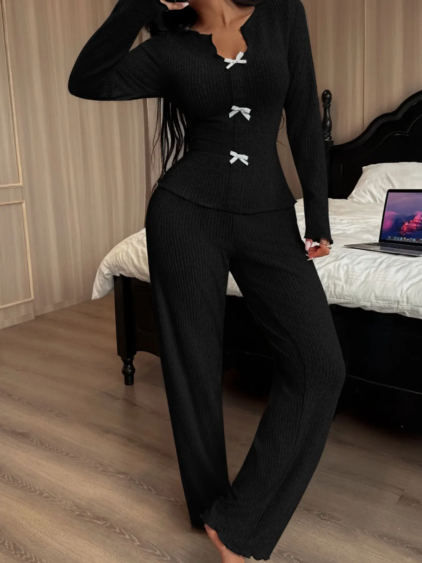 Women's Fall Winter V-Neck Knit Sweater Set, Bow Long Sleeve Pajamas, Loose-Fitting Casual Home Wear Loungewear, Lightweight Comfortable